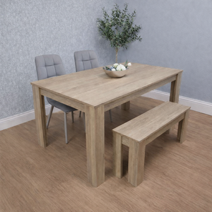 Oak Wooden Table With 2 Tufted Velvet Grey Chair and 1 Bench