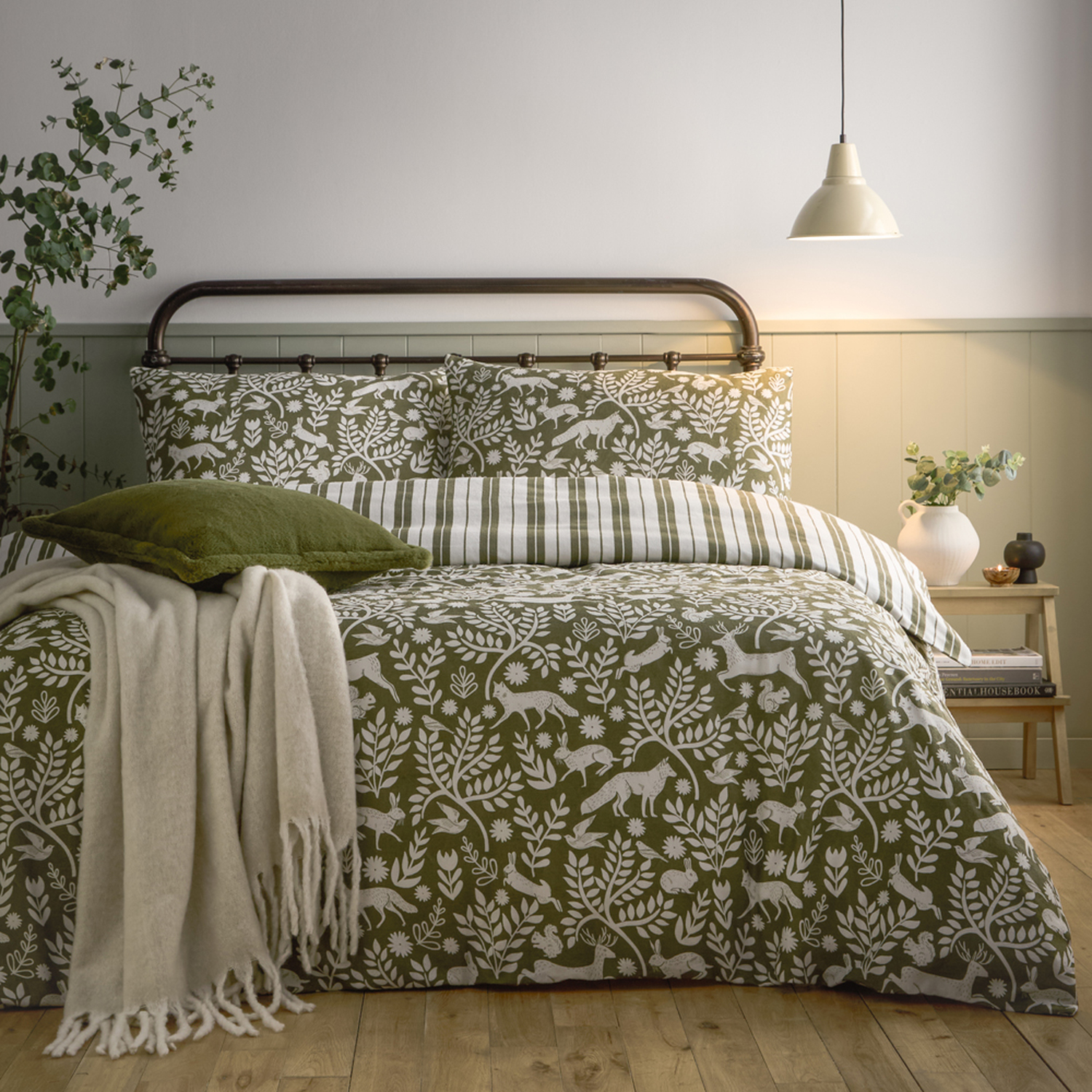 Skandi Woodland Brushed Cotton Duvet Cover Set - Thyme Green Single