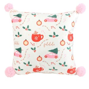 Square Sugarplum Christmas Cushion with Pom Poms Festive Home Decor
