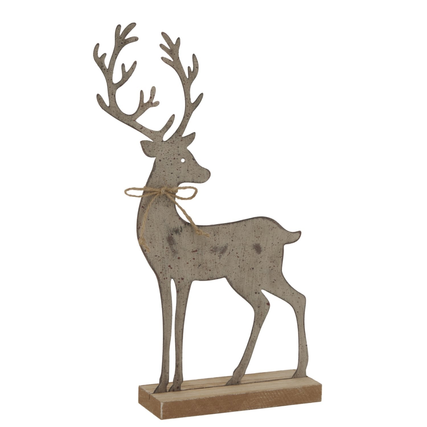 Large Rustic Metal Reindeer Sculpture On Wood Stand Seasonal Decor - Brown