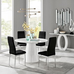 Palma White High Gloss Round Dining Table and 4 Velvet Milan Chairs