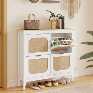 HOMCOM Boho Slim Shoe Cabinet with Rattan Doors, Holds 20 Pairs