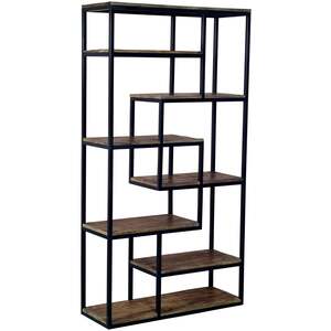 Tall Industrial Multi-Tier Shelving Unit with Walnut-Effect Shelves and Black Metal Frame
