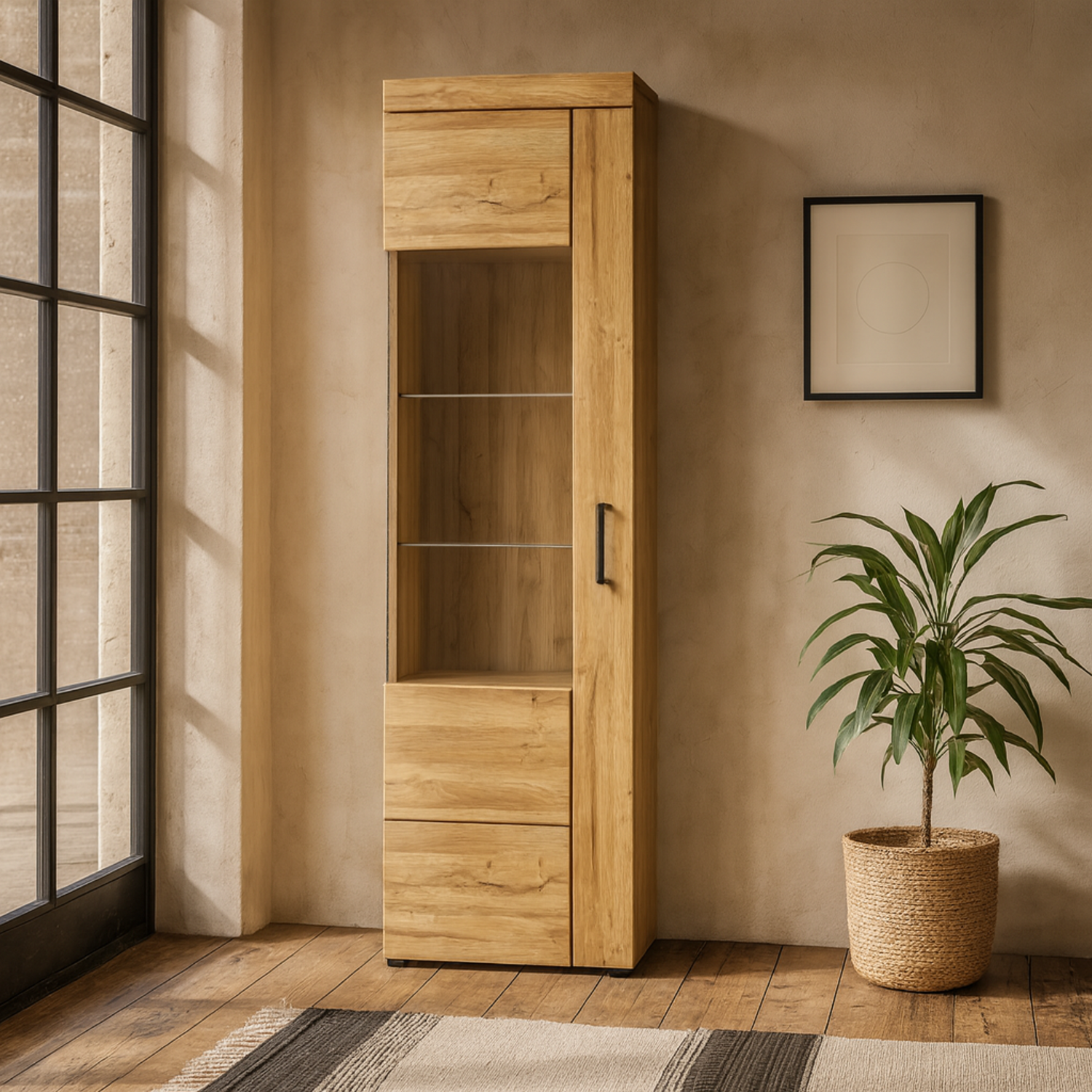 Cortina Tall Glazed Display Cabinet - Left-Hand Grandson Oak - Grandson Oak