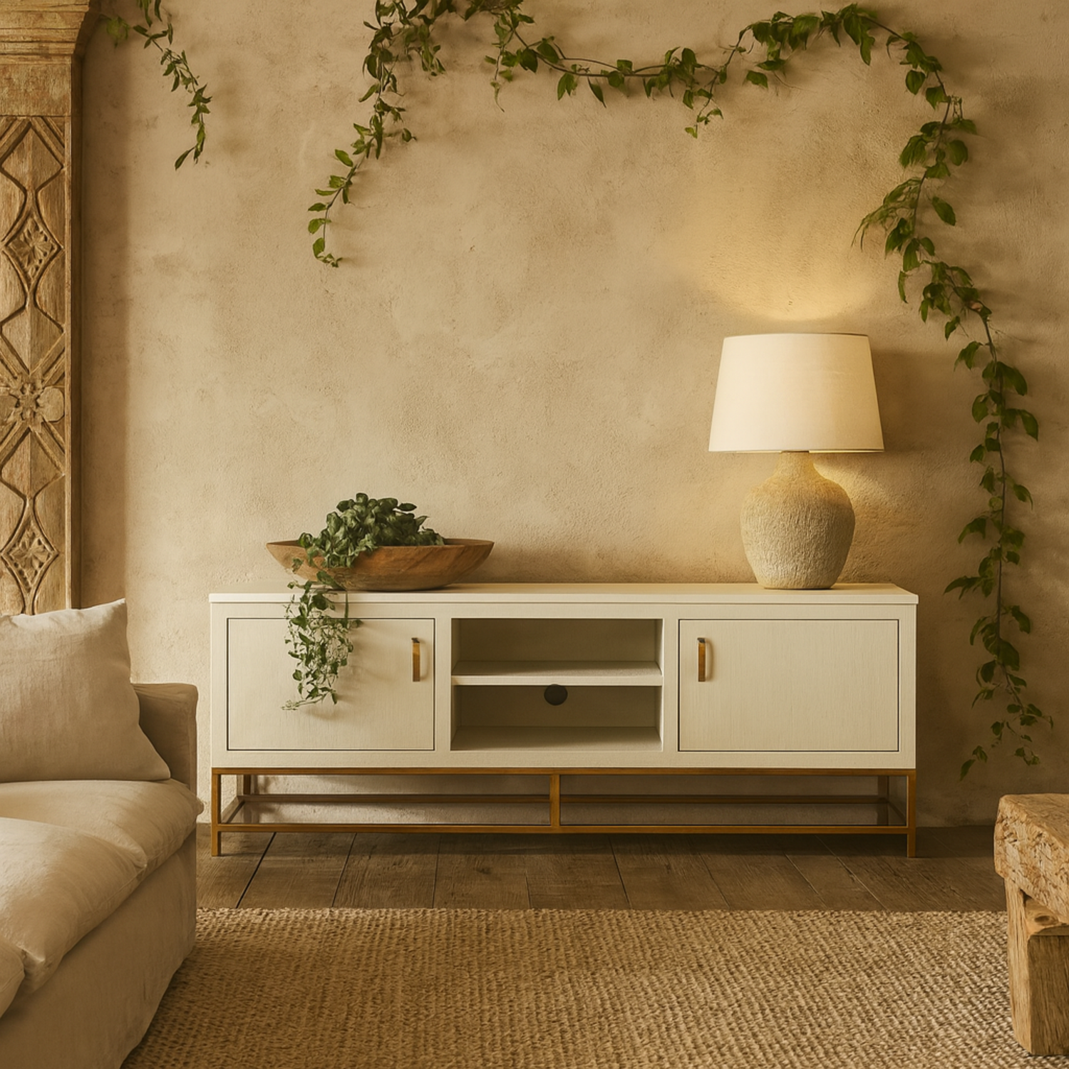 Wyld Haus Curitiba Cream Shagreen 2-Door TV Unit with Brushed Brass Base - Cream