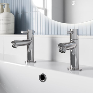 Modern Bathroom Basin Taps Hot  Cold Pair Twin Chrome Lever Handle Brass Body