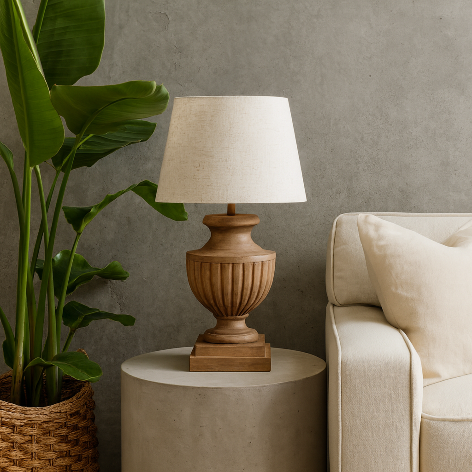 Castelnau Flute Pedestal Table Lamp with Linen Shade - Brown