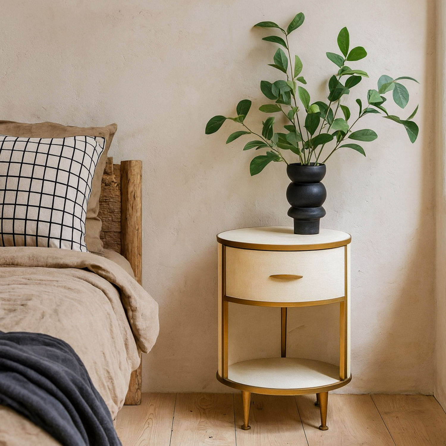 Treviso Ivory Faux Shagreen Round Bedside Table with Drawer - Ivory