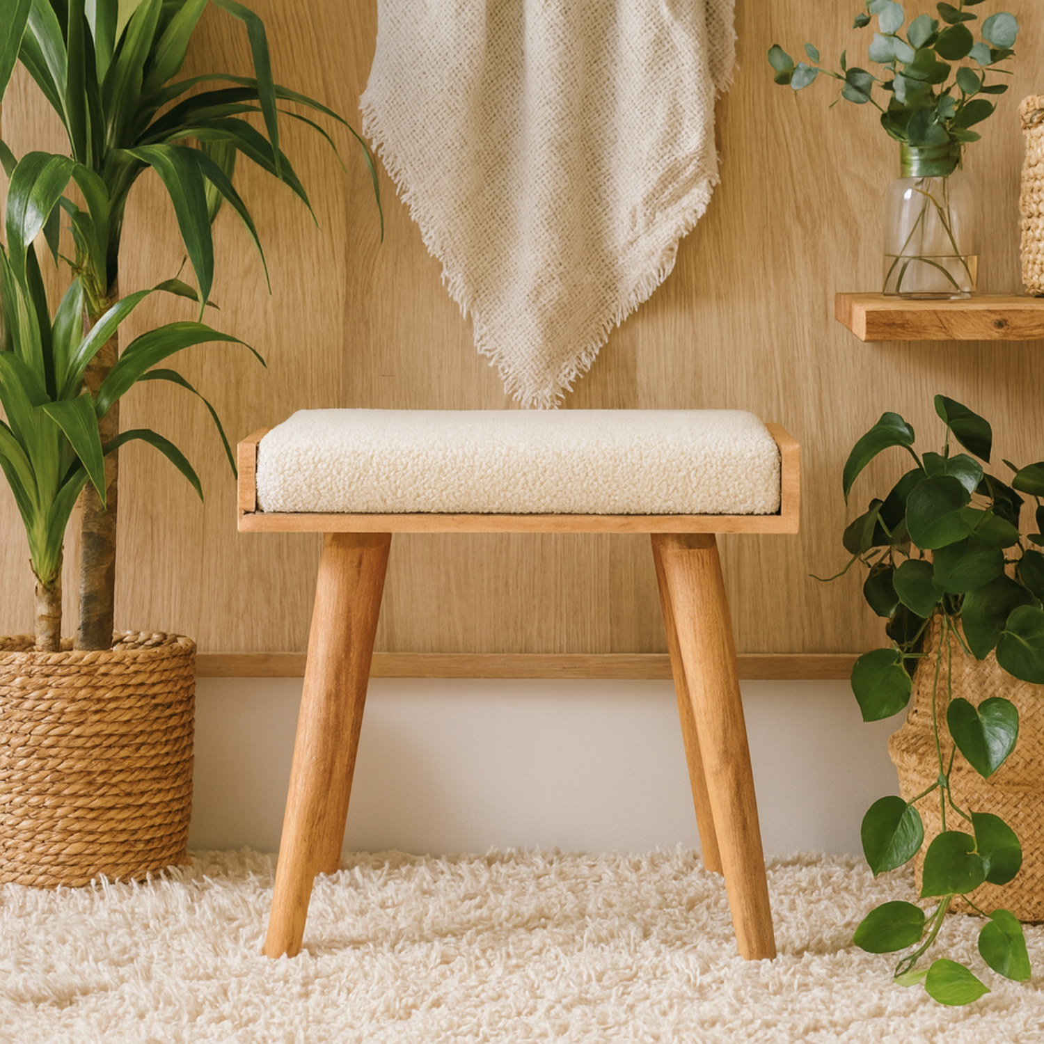 Kampong Boucle Tray Style Footstool with Mango Wood Legs - Cream