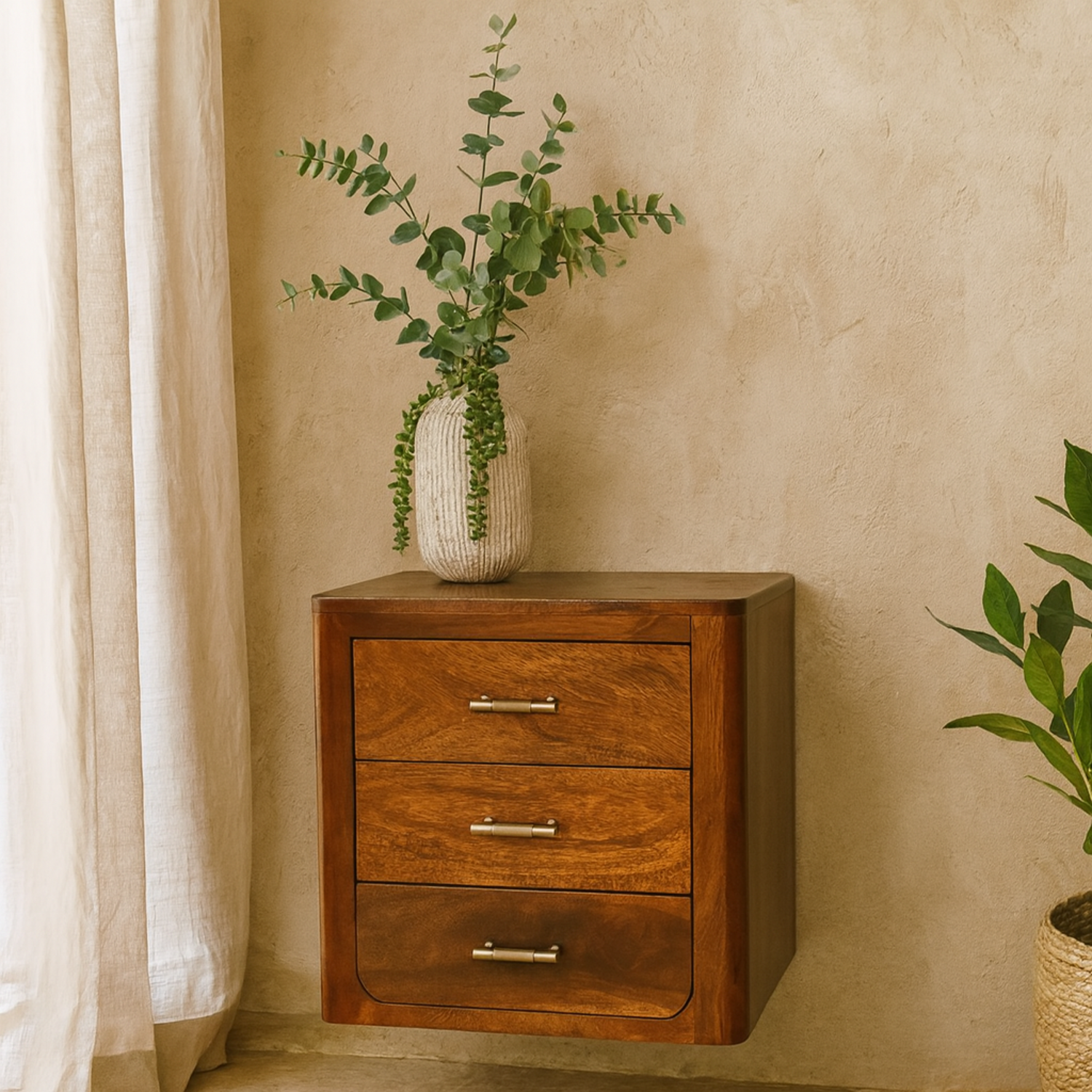 Ploumanach Mango Wood Bedside Table 3 Drawer Chestnut - Brown