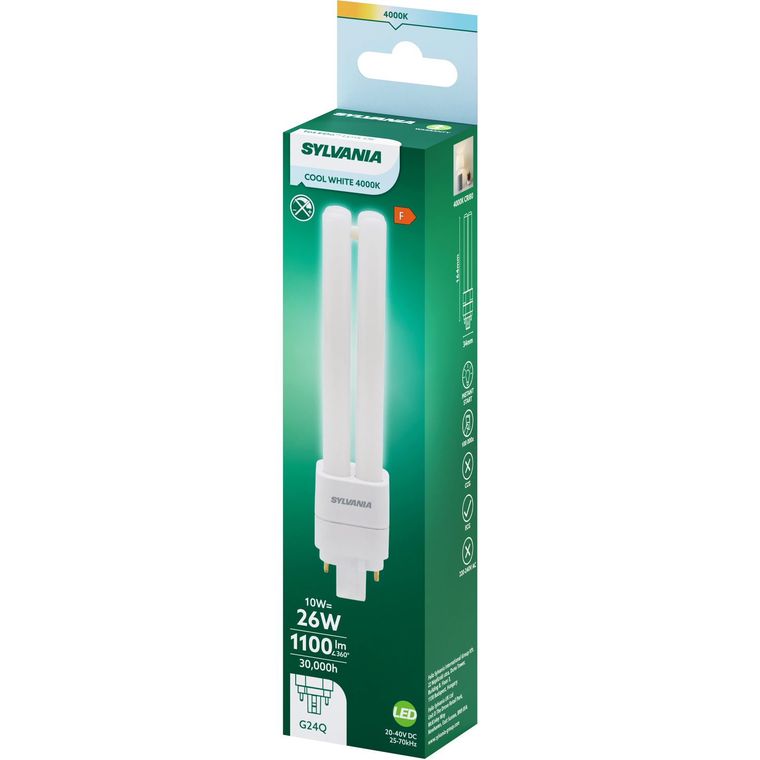 Sylvania Toledo Lynx 170mm Led Pl Plug-in Lamp G24q 1100 Lumens Cool White 4000k - White