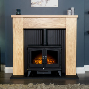 Adam New England in Oak and Black with Woodhouse Stove in Black, 48 Inch