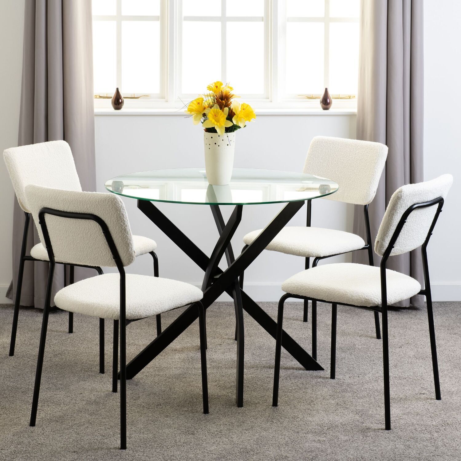 Sheldon Round Glass Top Dining Set - Ivory Boucle