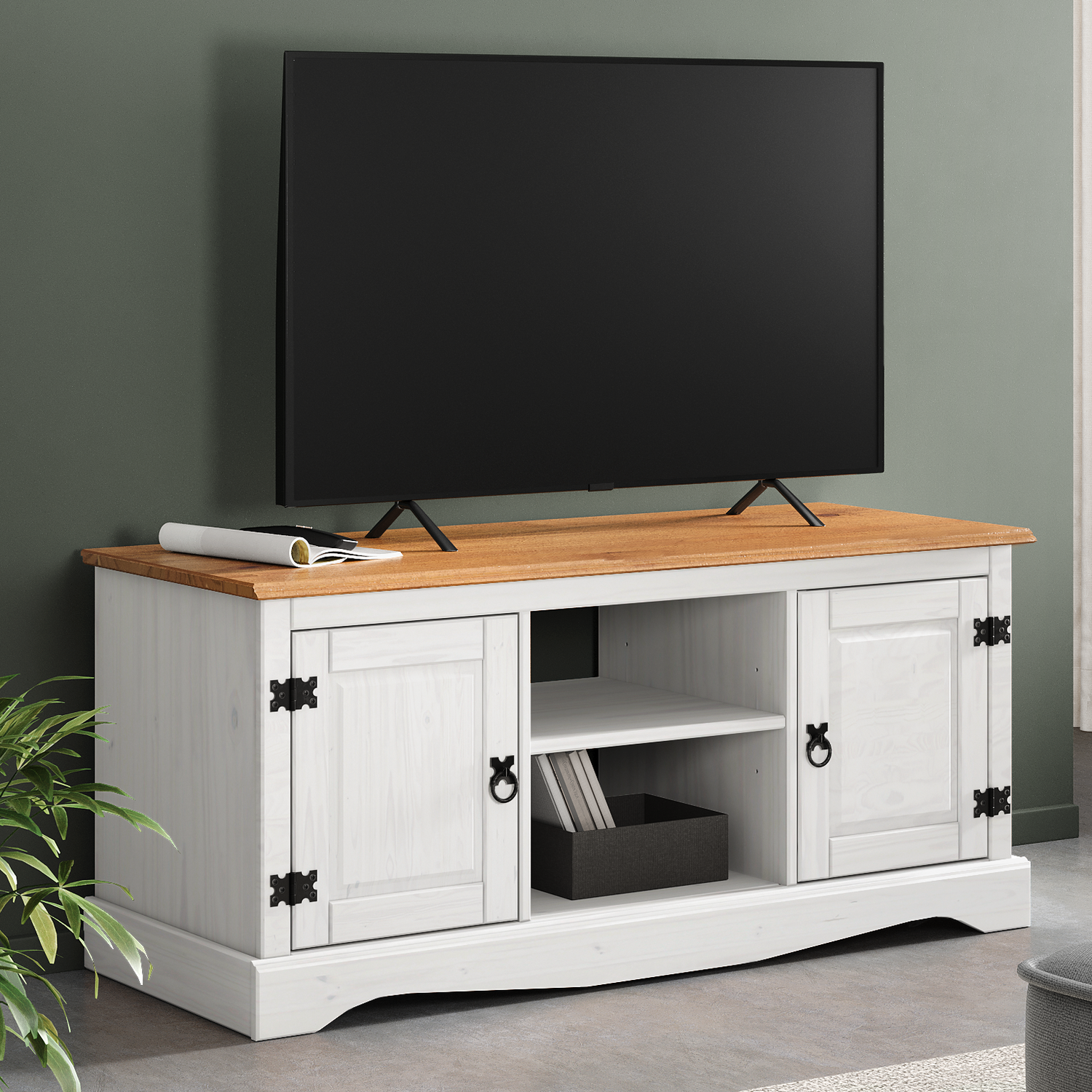 Corona 2 Door Flat Screen Media TV Unit Solid Wood Pine Wooden Television - Distressed White Wax