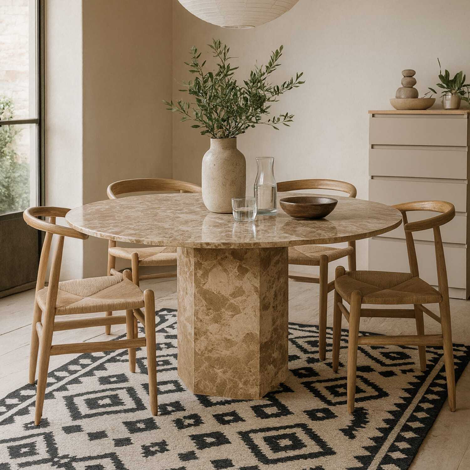 Wyld Haus Bremen Marble Round Dining Table Hexagon Base - Brown