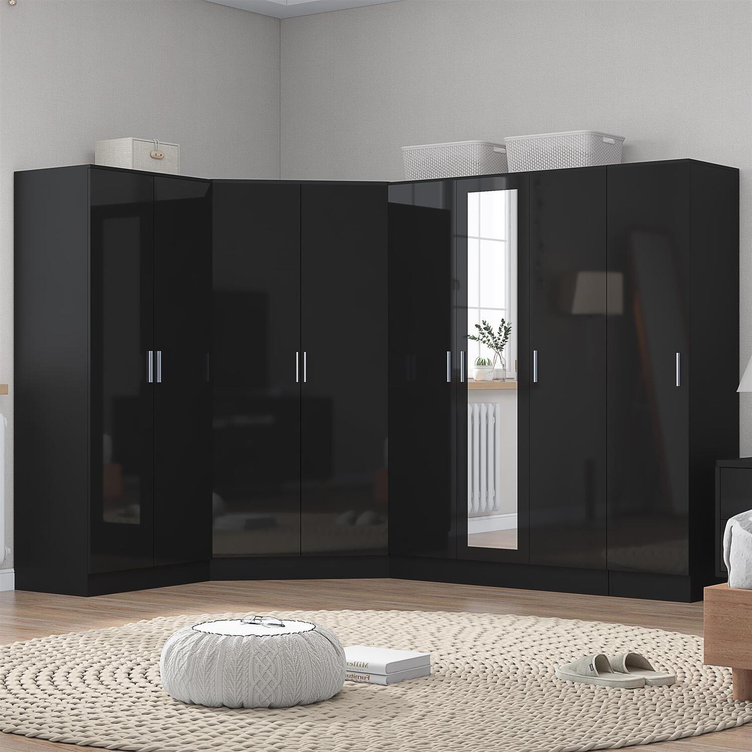 REFLECT 2 Door Corner + 3 + 2 + 1 Plain Door Wardrobe Bundle - Black/Black - Image 6