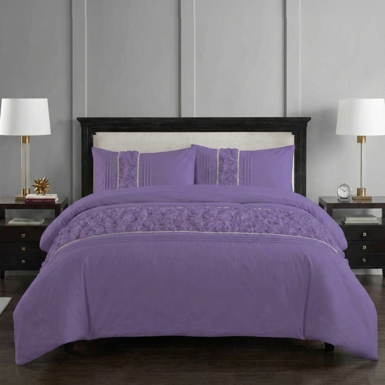 Snug City Ruffle Design Duvet Cover Soft Elegant Bedding Set with Pillowcases in Lilac | Size: Double