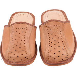 Men's Natural Leather Slippers Shoes, Slip-On Sandals Mules (Light Brown, Size: 10.5 UK / 45 EU)