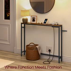 VASAGLE Console Table with Charging Station, Slim Behind Sofa Table
