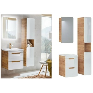 Aruba Slim 400mm wall vanity, sink, tall cabinet and mirror cabinet Oak Effect body and White Gloss