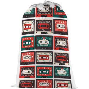 Christmas Cassette Tapes Present Bag - Novelty Xmas Santa Sack with Drawstring
