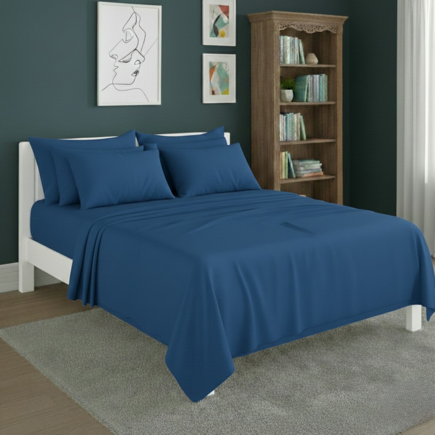 Snug City Plain Poly Cotton Easy Care Fitted Flat Sheet Matching Pillowcases Set in Mid Blue | Size: Double