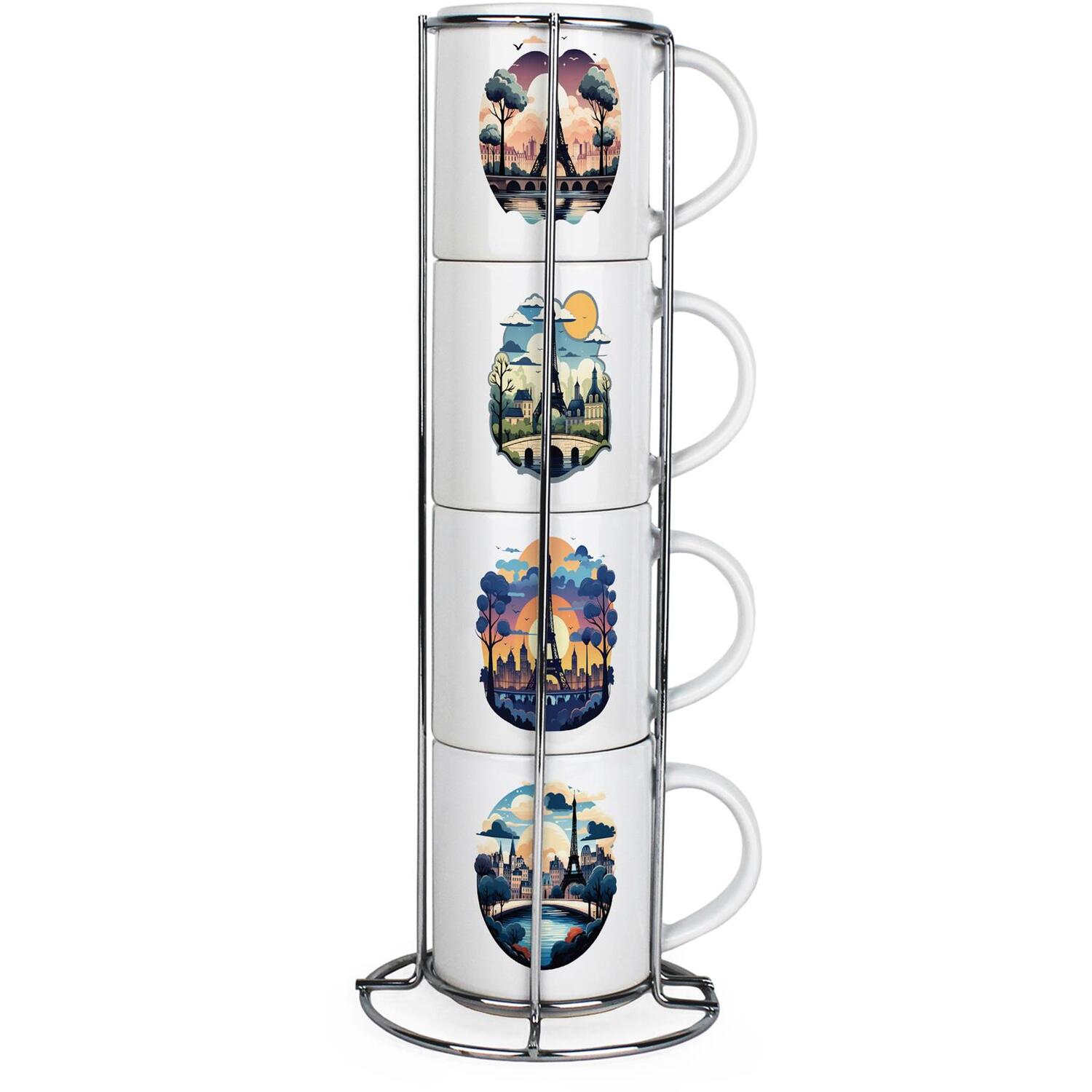 B&Q - Paris Scenes Stacking Mugs SetCity Of Love French PresentSet Of 4 Ceramic Mugs Gift Set With Metal Stand - Image 2