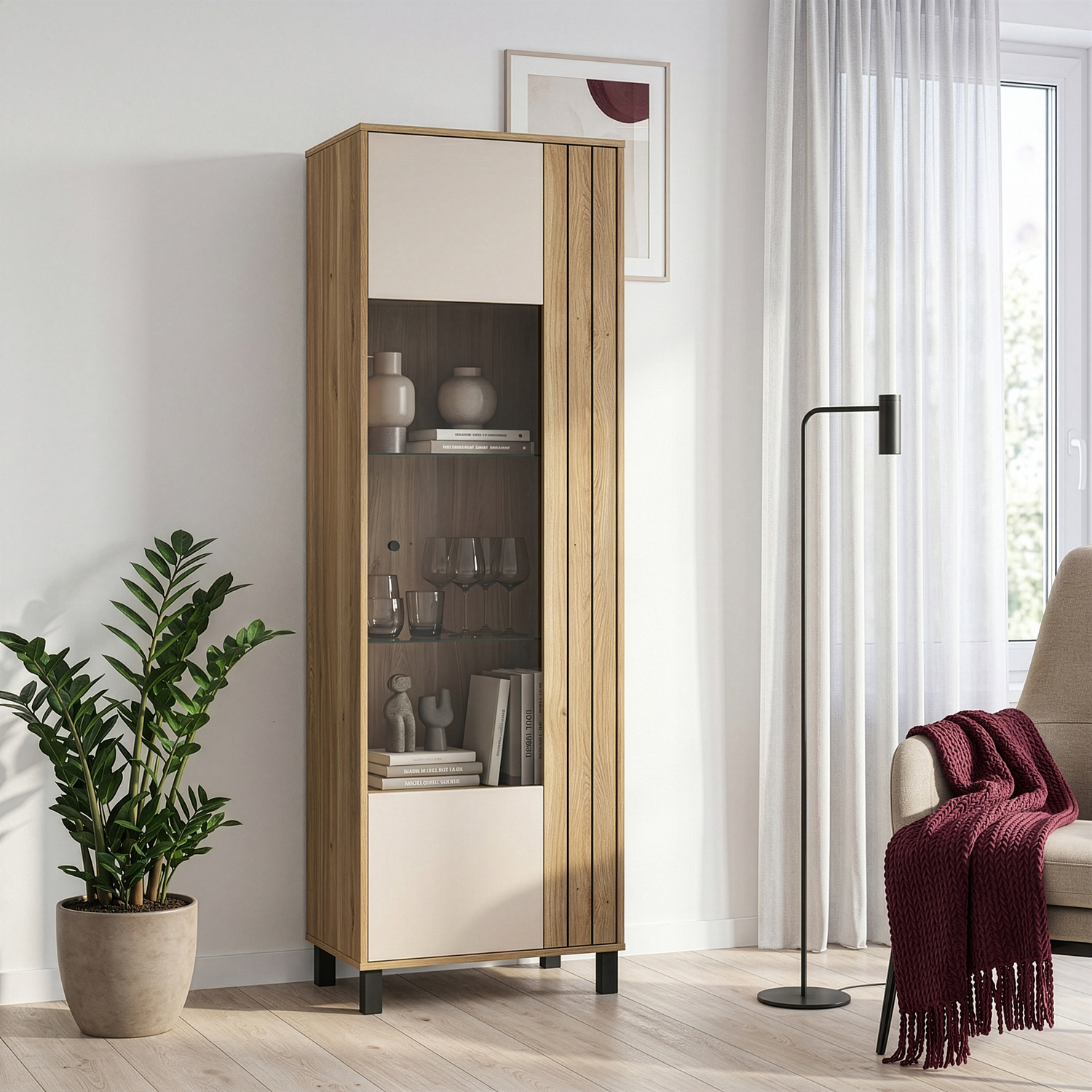 Furniture to Go Grafton Display Cabinet Cream Oak 196x63x42cm - Image 4