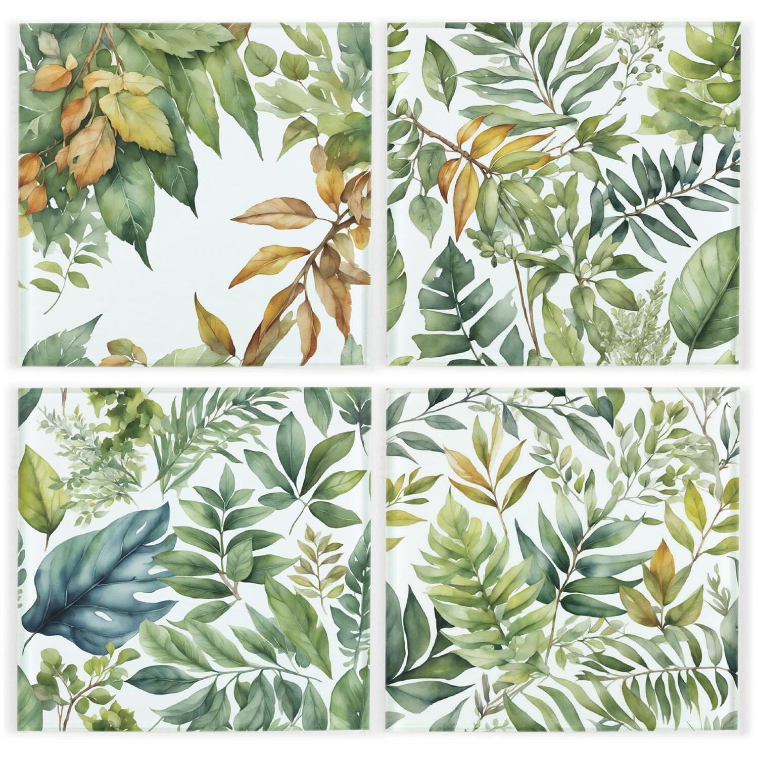 Purely Home Green Leaves Coasters - Foliage Forest Print Set Of 4 Square Glass Coasters - Green - Image 3