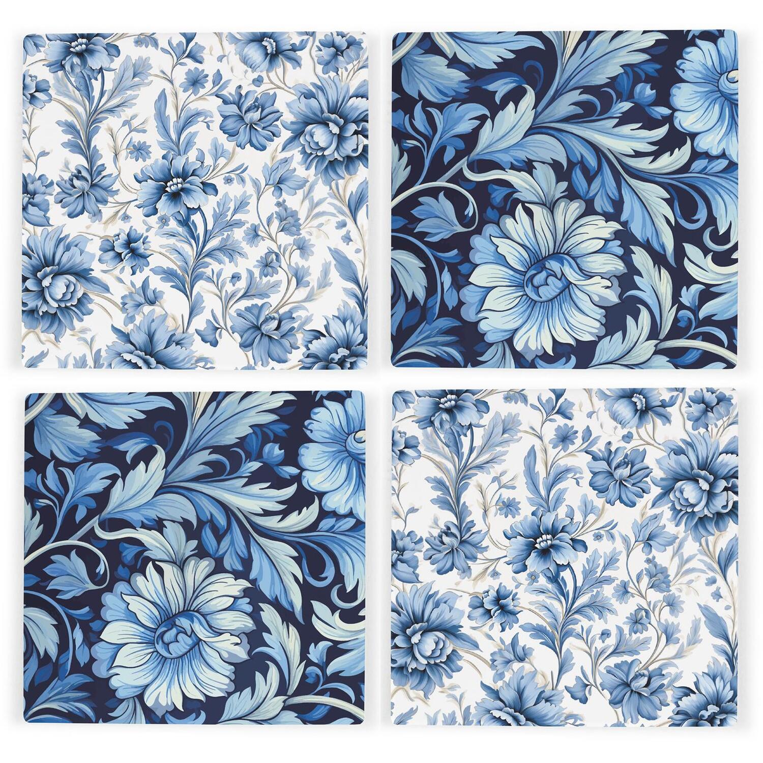 Greek Floral Ceramic Coaster Set - Blue & White Floral Square Set of Four (4) Coasters Gift - Image 3