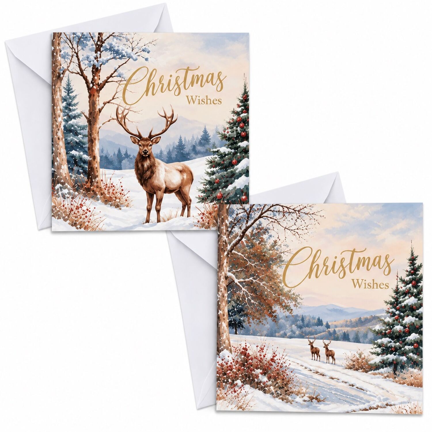 24 Christmas Cards With Envelopes Traditional Stag Reindeer Scene 2 Deigns 14cm - Image 2