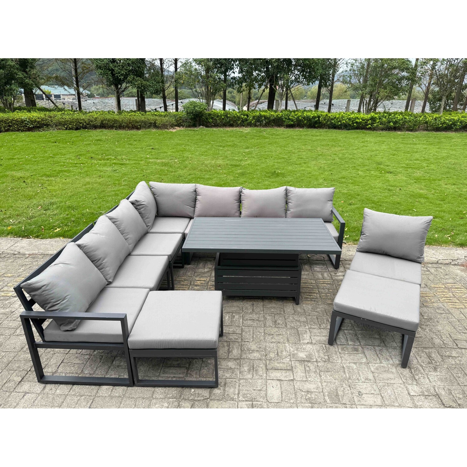 Rackhams Grey 9 Seater Aluminium Garden Furniture Set With Adjustable Rising Dining Table, 2 Footstools - Image 2
