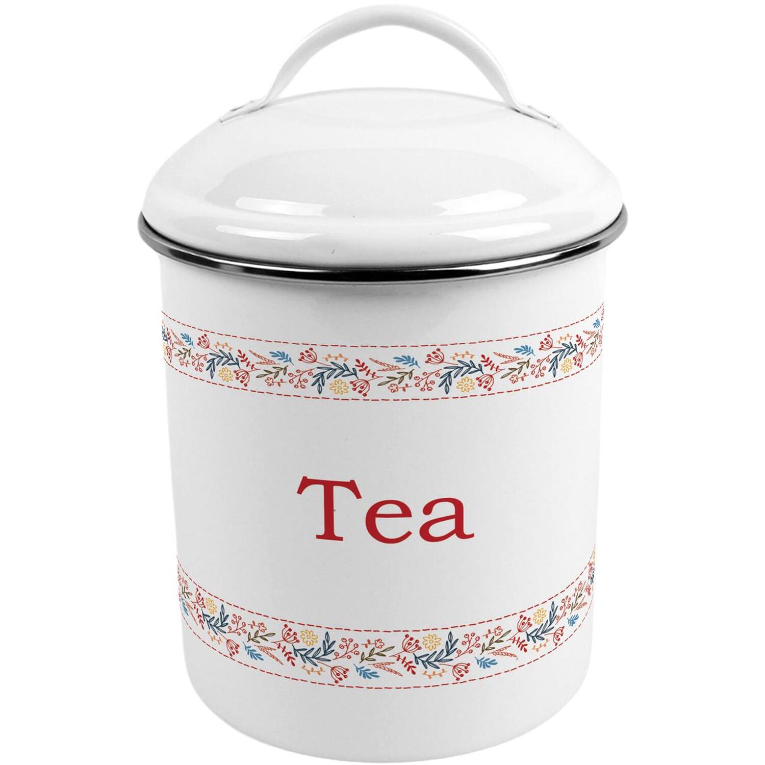 Purely Home Floral Embroidery Tea Canister - Metal Kitchen Storage Container - Red