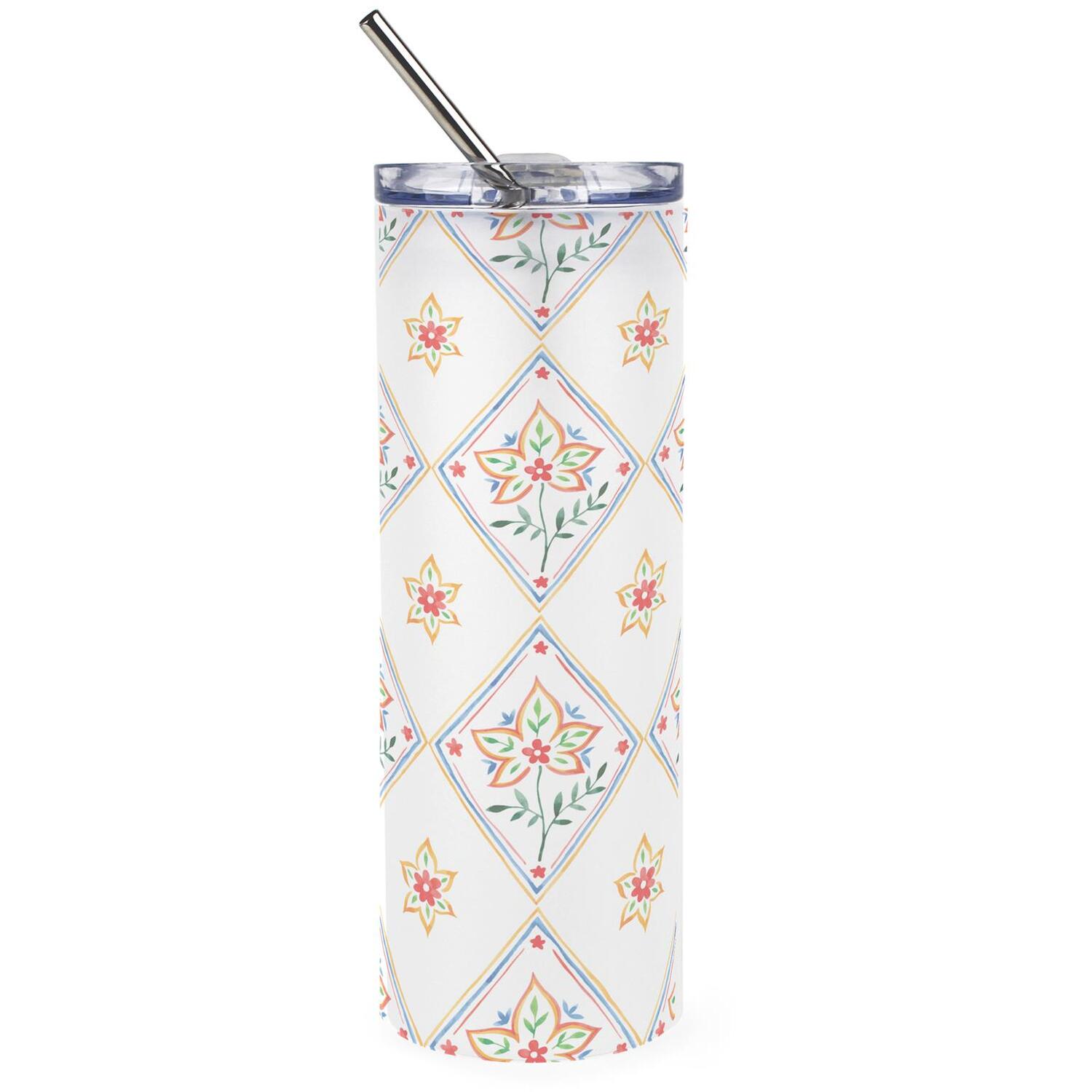 Purely Home Diamond Flowers Frosted Glass Travel Flask With Straw