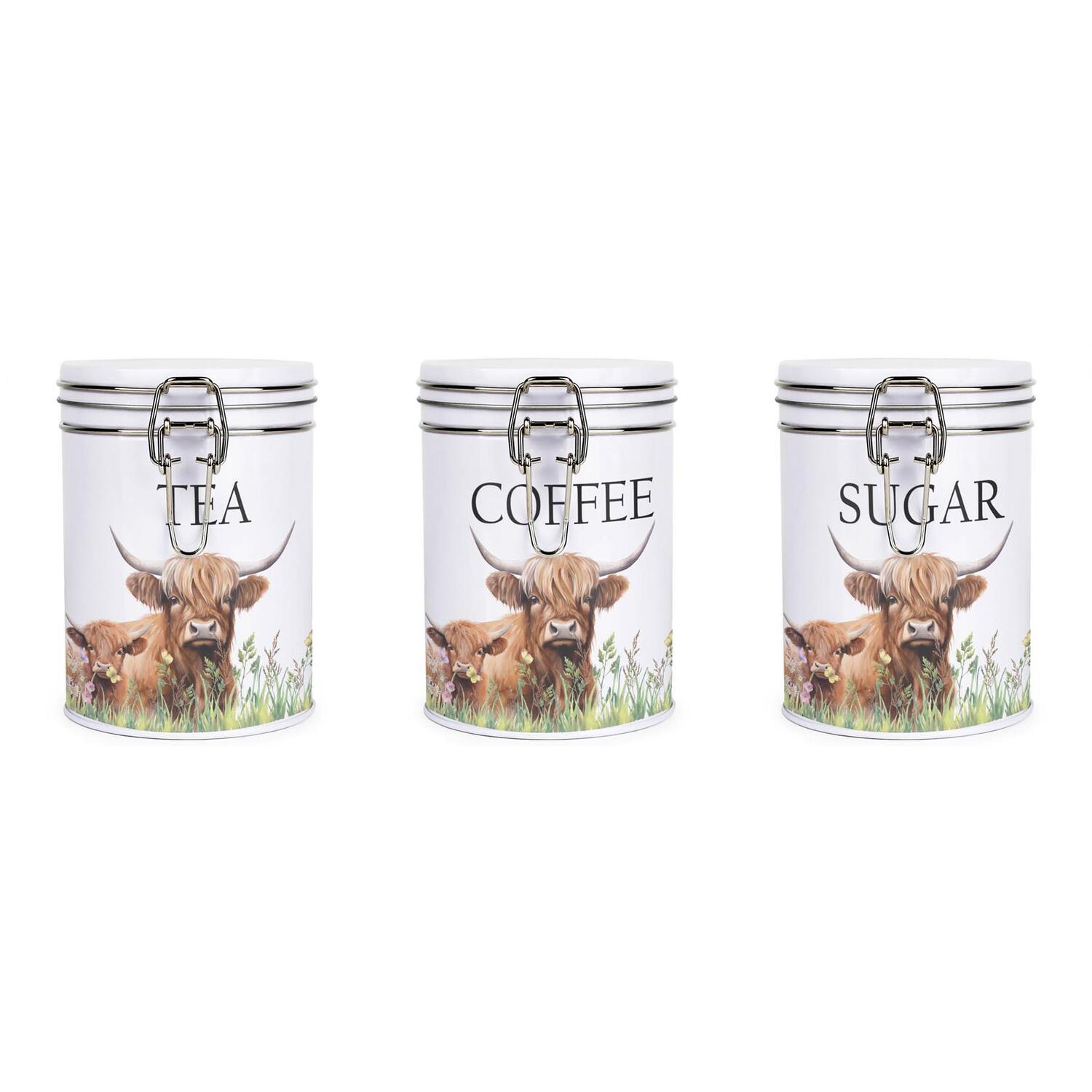 Highland Cow & Calf Hot Drinks Canisters Set - Tea, Coffee & Sugar Storage Tins - Image 3