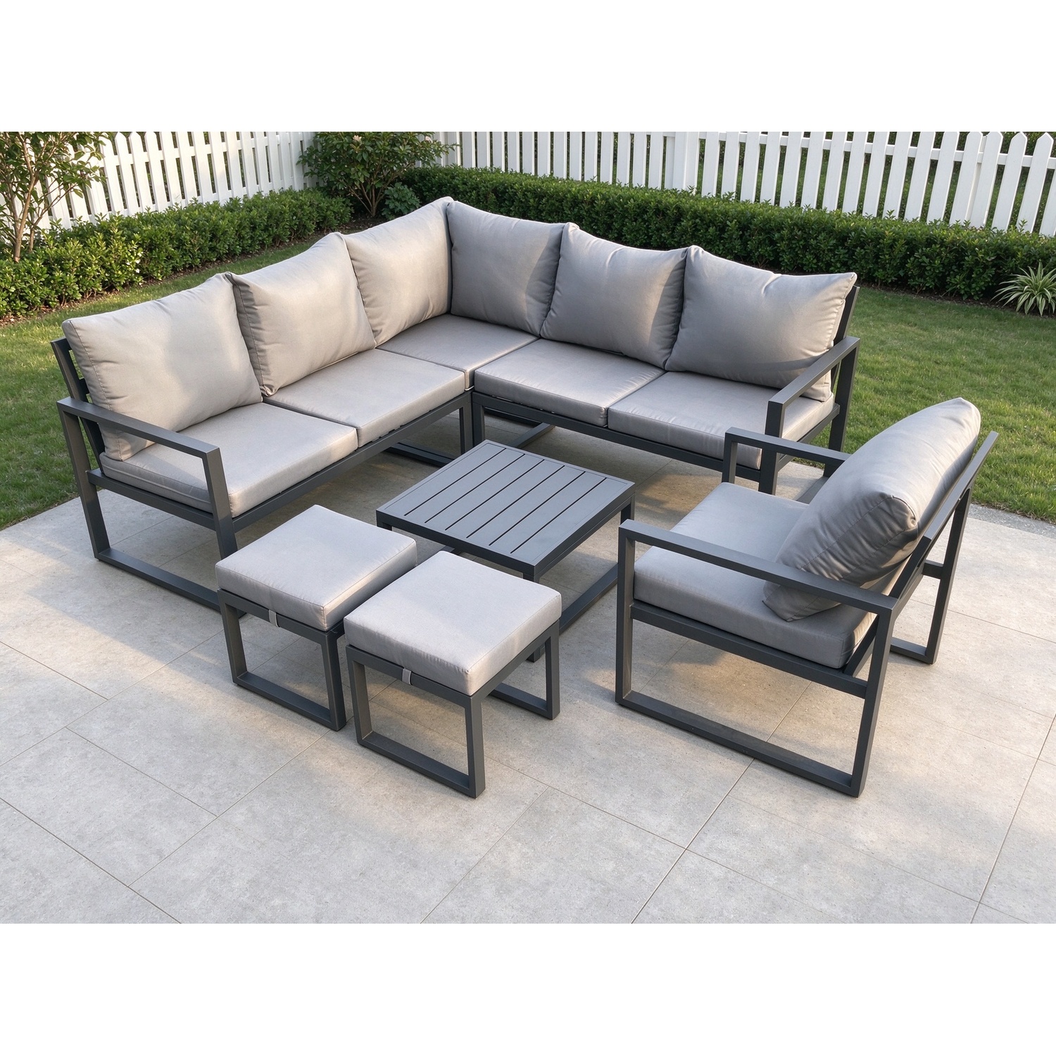Fimous Outdoor Garden Furniture Set Aluminium Lounge Sofa Square Coffee Table Sets With Chair 2 Small Footstools Indoor Conservatory Set Dark Grey - Image 3