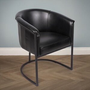 Genuine Black Leather Tub Chair with Black Metal Frame