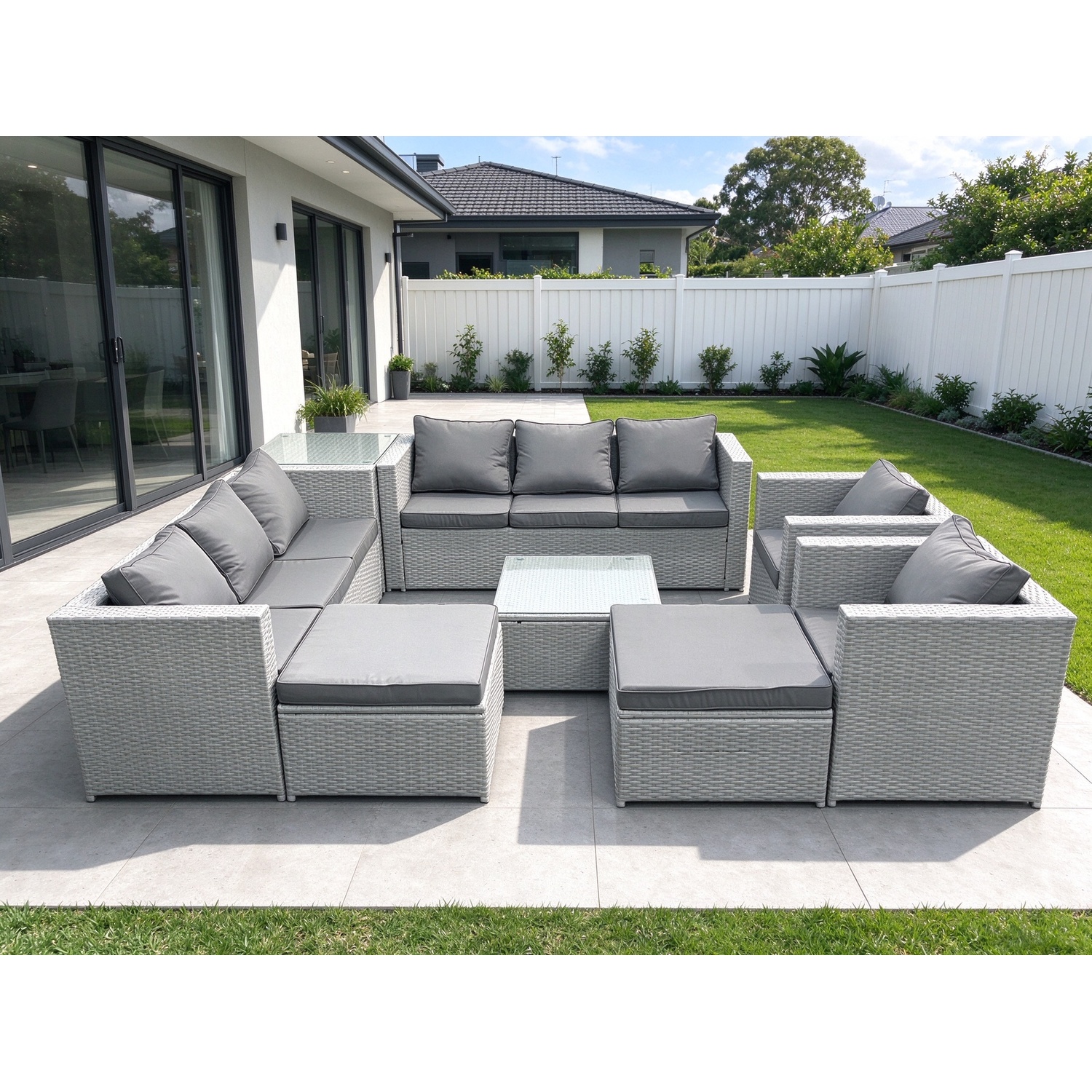 Fimous Light/Grey Outdoor Rattan Sofa Garden Furniture Set With 2 Armchairs Square Coffee Table 2 Big Footstools Side Table Mixed - Image 2