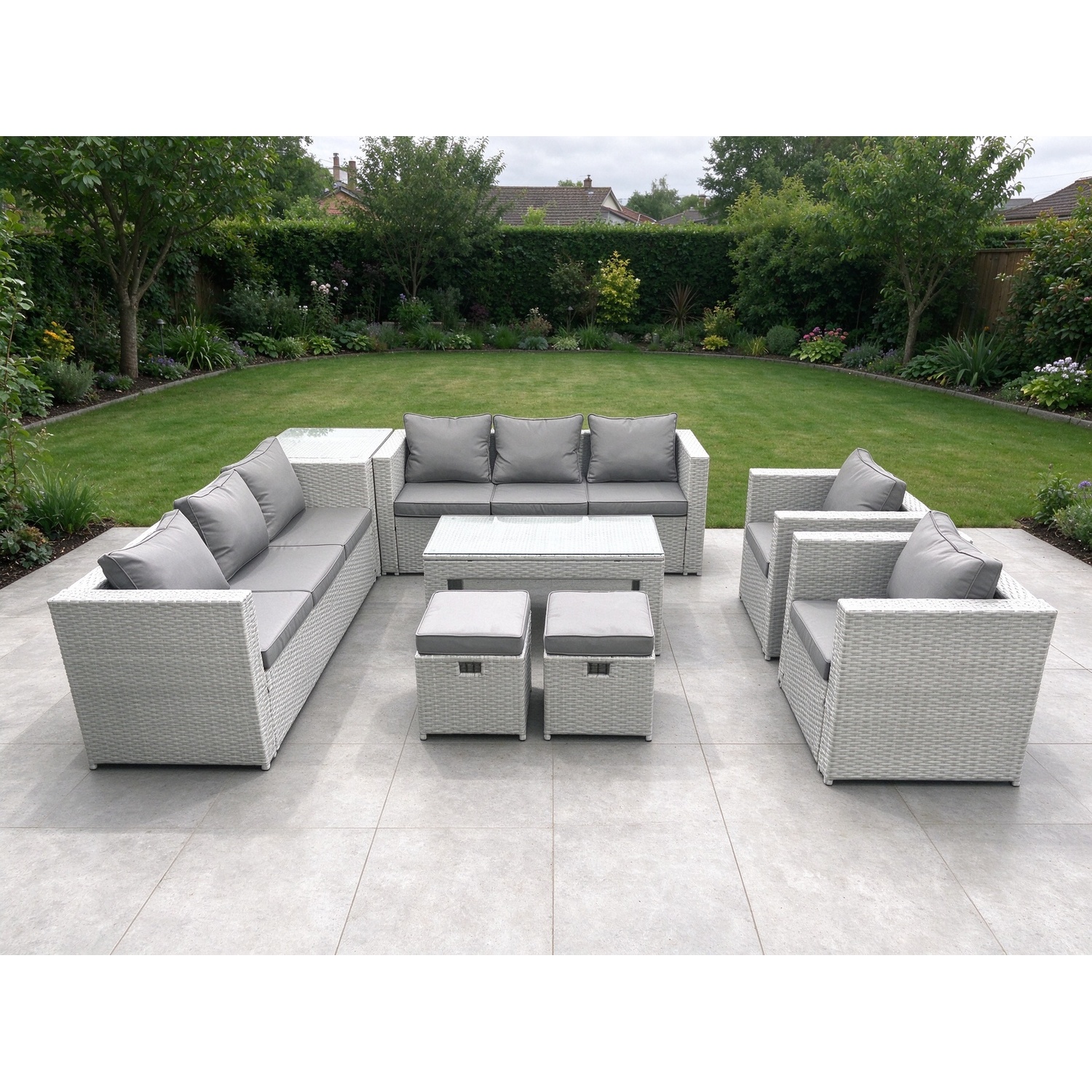 Fimous Outdoor Garden Furniture Rattan Sofa Set With 2 Armchairs Oblong Coffee Table 2 Small Footstools Side Table Light Grey Mixed - Image 3