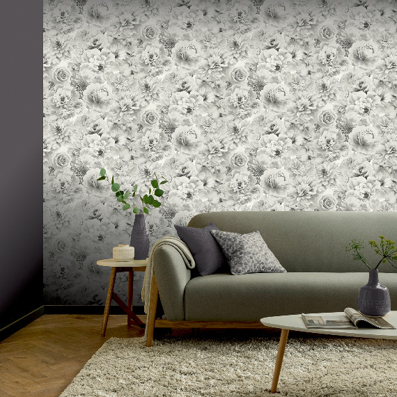 Glitter Bloom Silver Wallpaper