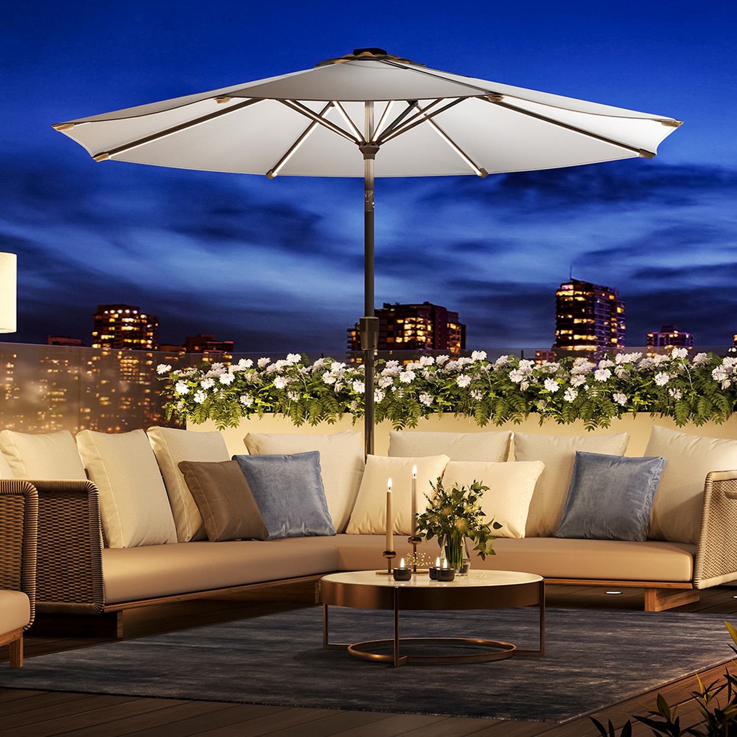 Livingandhome - LED Strips Garden Parasol With Round Base - Light Grey thumbnail