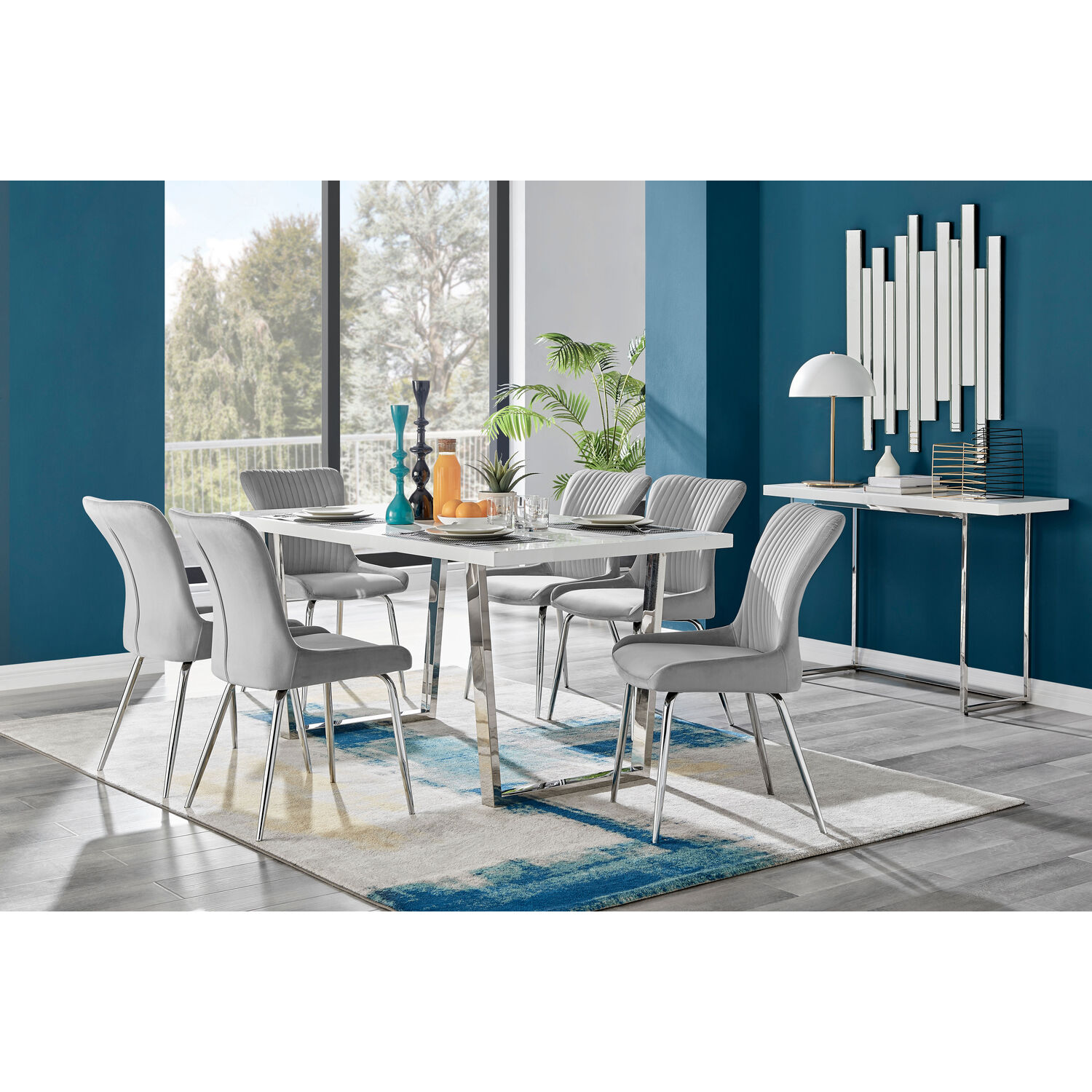 Kylo White High Gloss Dining Table  6 Nora Silver Leg Chairs - Light Grey thumbnail