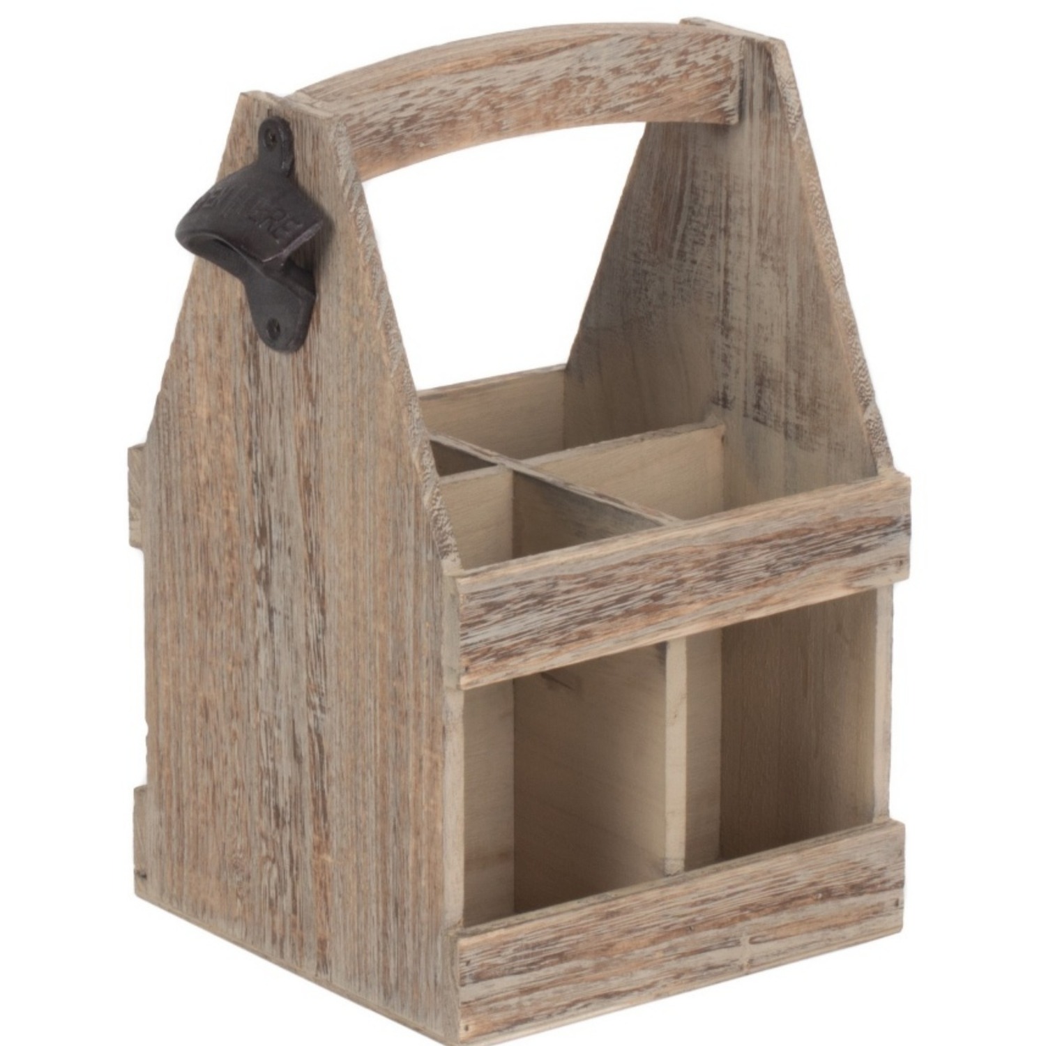 Oak Effect 4 Beer Bottle Carrier with Bottle Opener - Brown