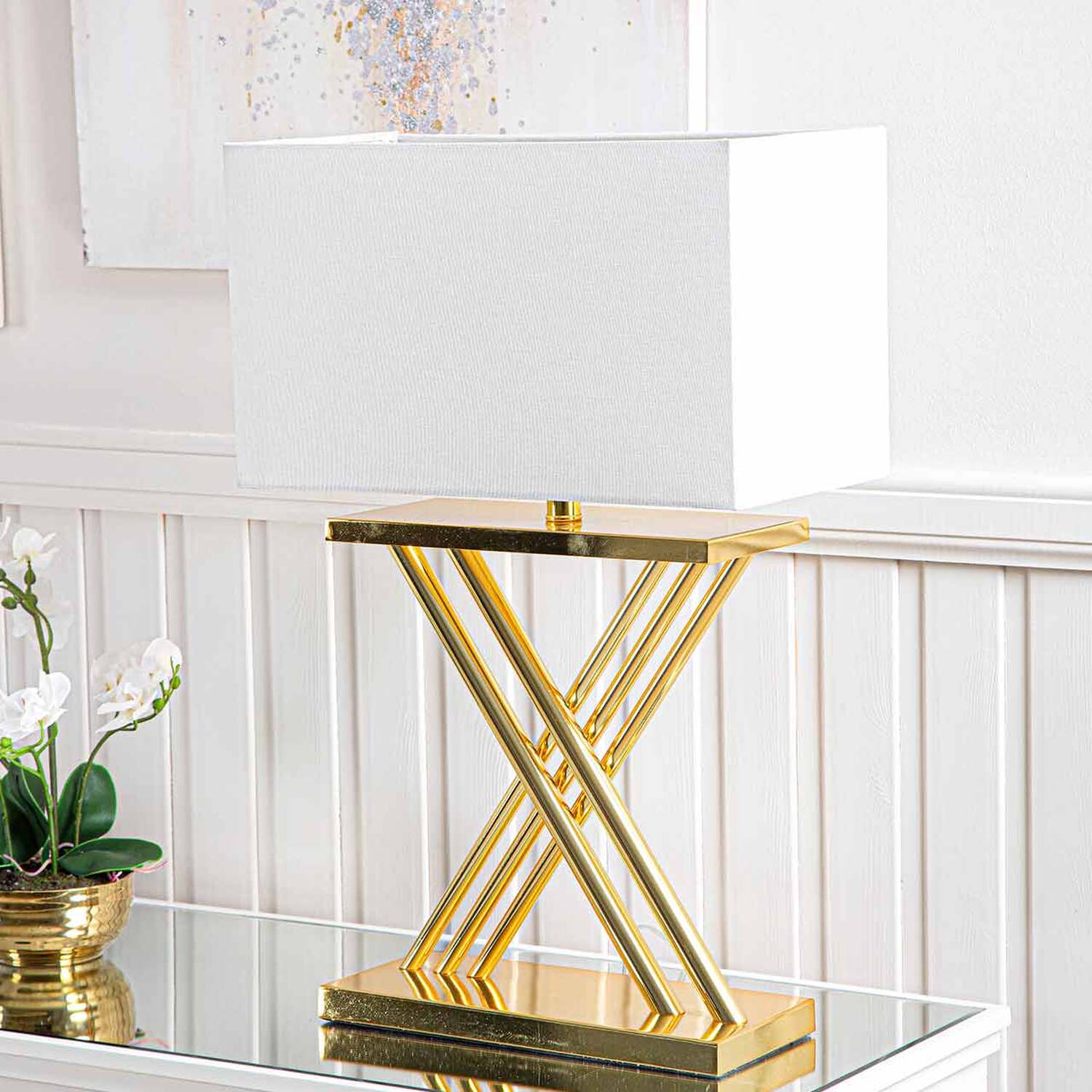 Vanity Living - X-Design Table Lamp with White Linen Shade - White thumbnail