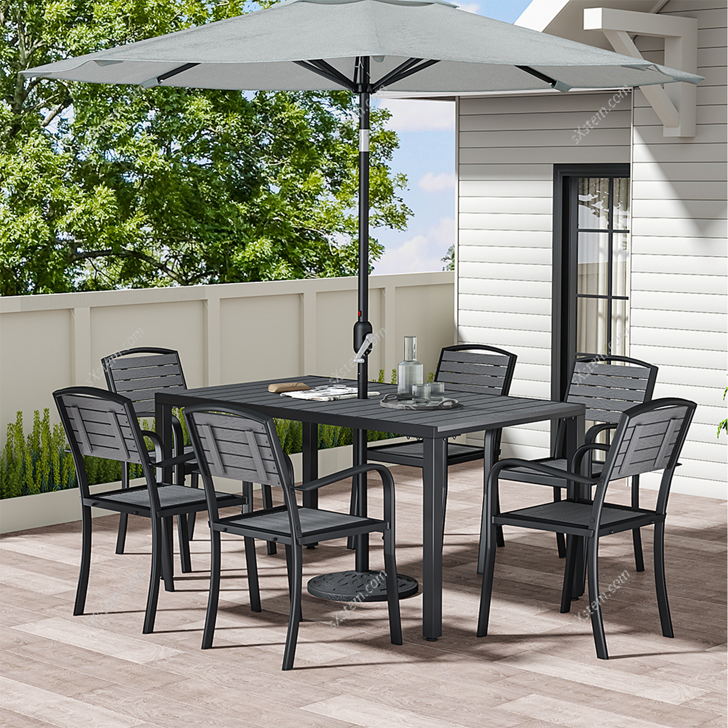 Wood Effect Garden Dining Table With Parasol Hole And Hole Cover - Grey