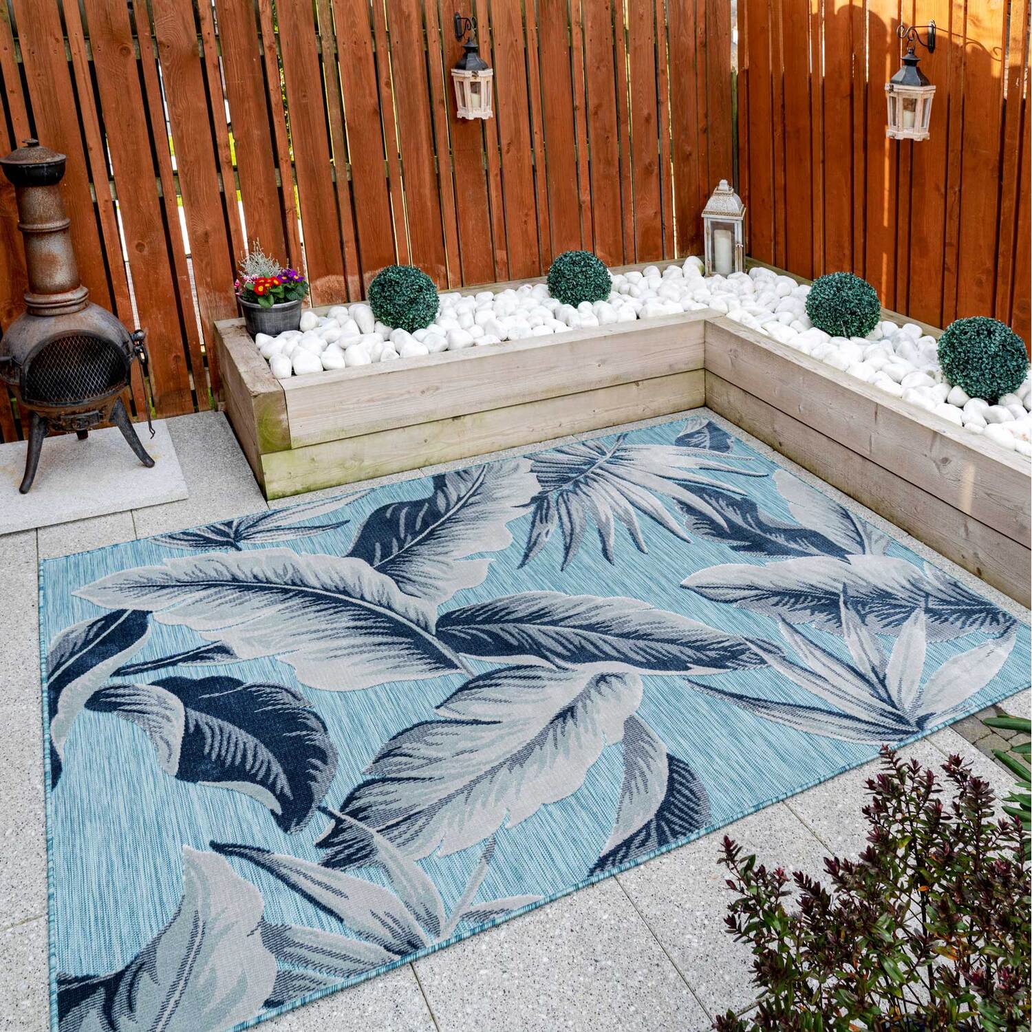 The Rug House - Teal Blue Navy Palm Leaf Textured Flatweave Indoor Outdoor Rug - Teal Blue / 290 x 192cm thumbnail