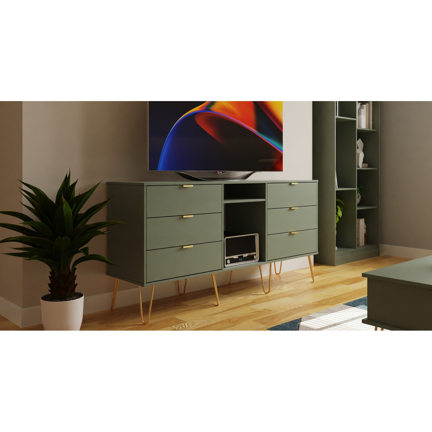 Hong Kong 6 Drawer Tv Unit - Reed Green 75cm