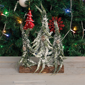 Decorative Snow Topped Mini Christmas Tree Display on Log