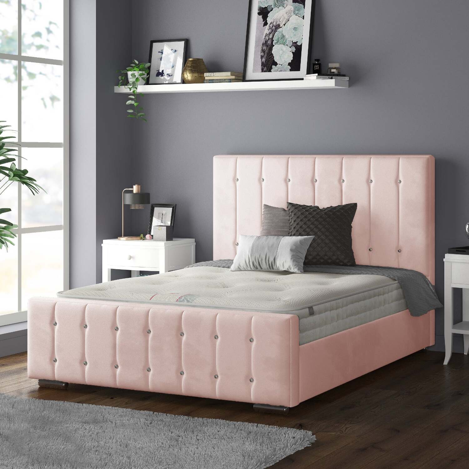 Anastasia Striped Plush Velvet Bed Frame With Diamonds - Pink Single