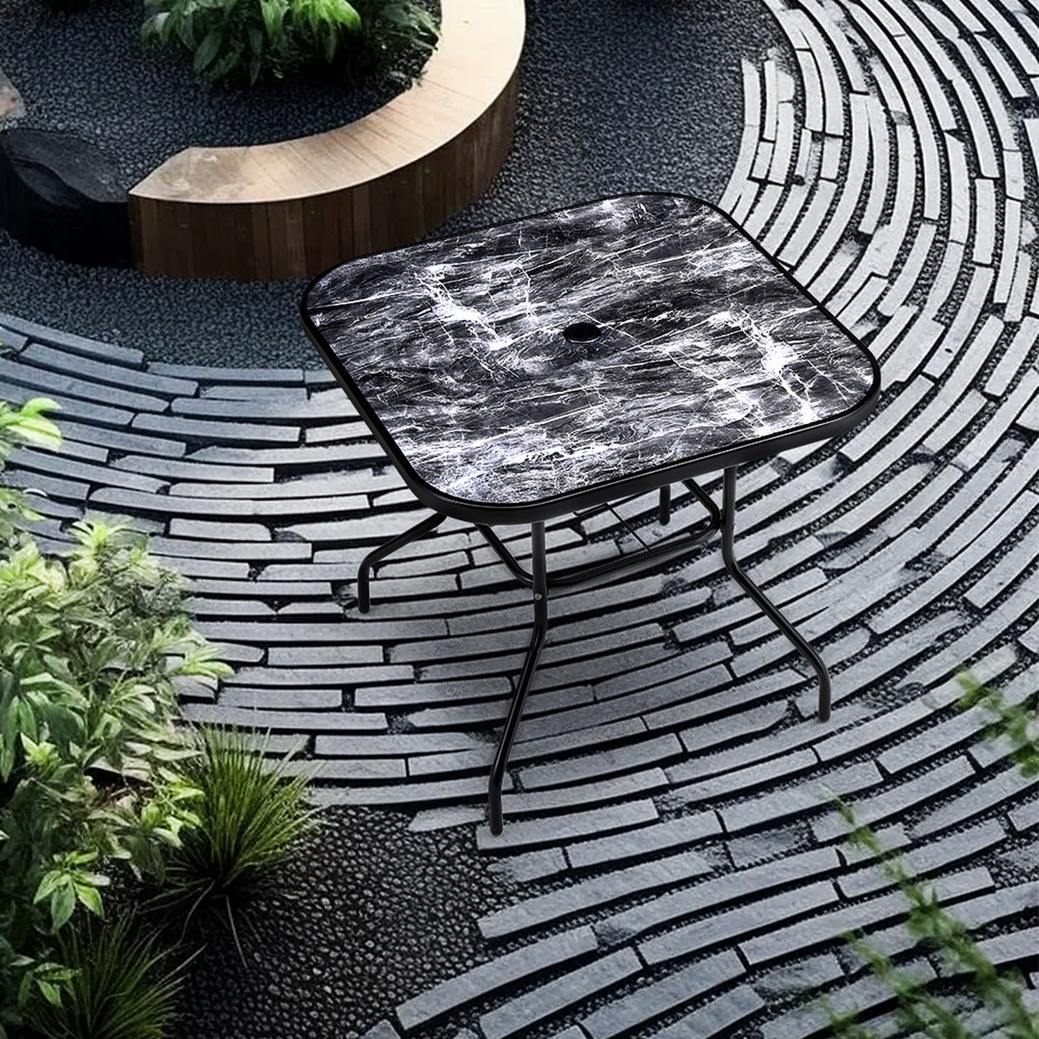 Square Marble Tempered Glass Garden Table - Black